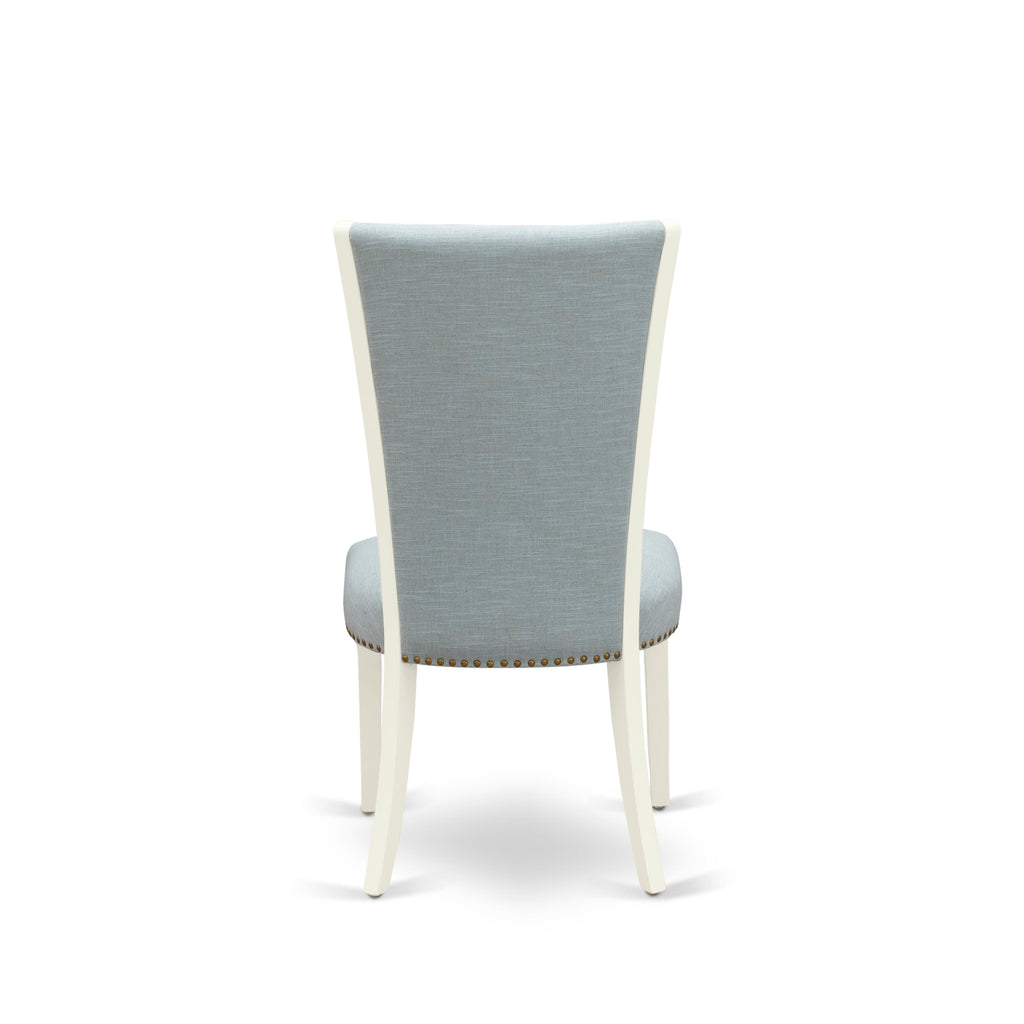 EAST WEST FURNITURE - AVVE5-LWH-15 - 5 Pc Dining Room Table Set - 4 Baby Blue Linen Fabric Dining Padded Chairs with High Back and 1 Removable leaf Oval Dining Table - linen white Finish
