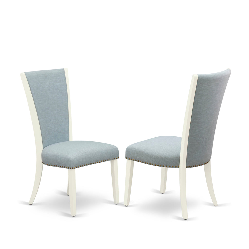 EAST WEST FURNITURE - AVVE5-LWH-15 - 5 Pc Dining Room Table Set - 4 Baby Blue Linen Fabric Dining Padded Chairs with High Back and 1 Removable leaf Oval Dining Table - linen white Finish