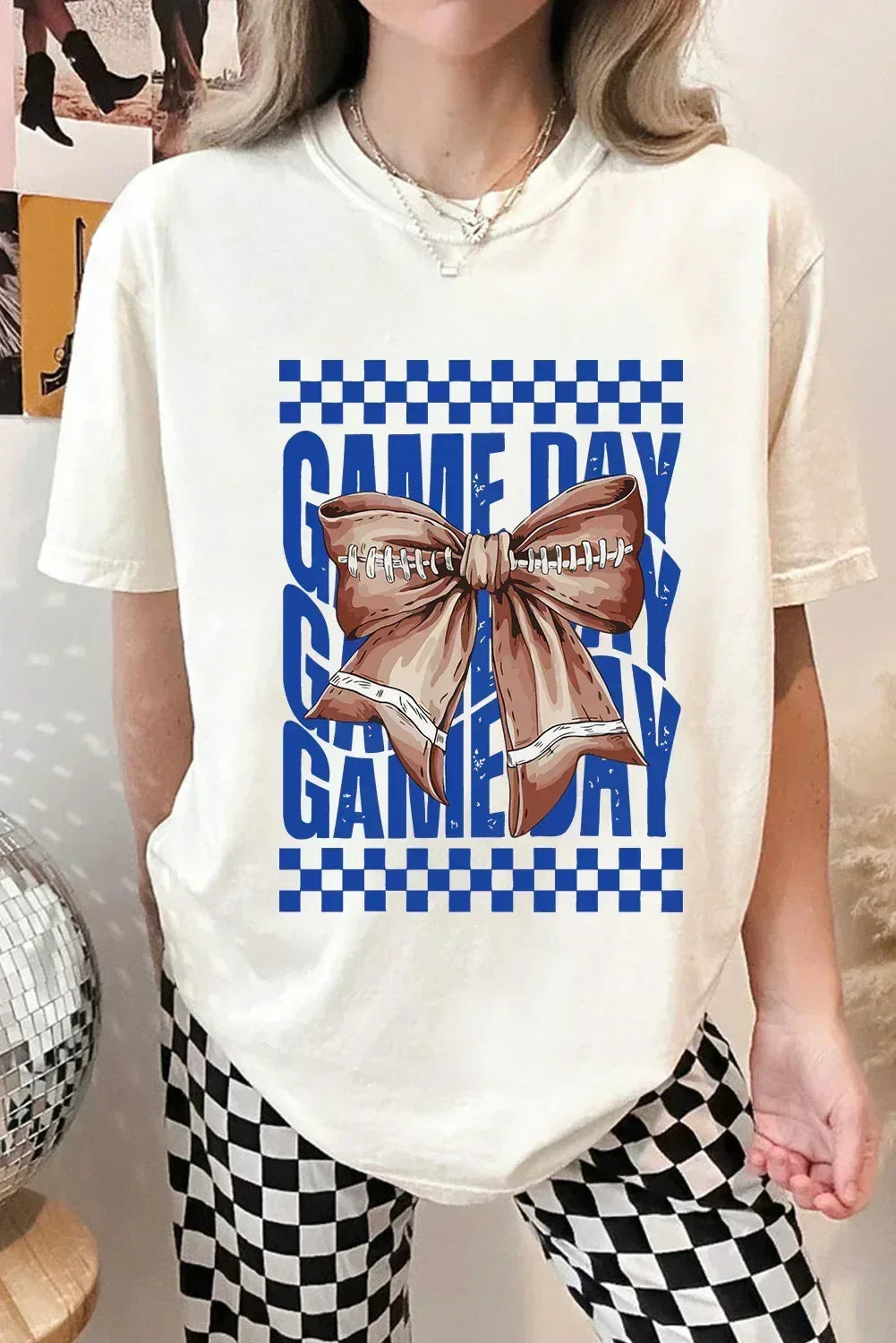 White Football Bow Game Day Crewneck T Shirt