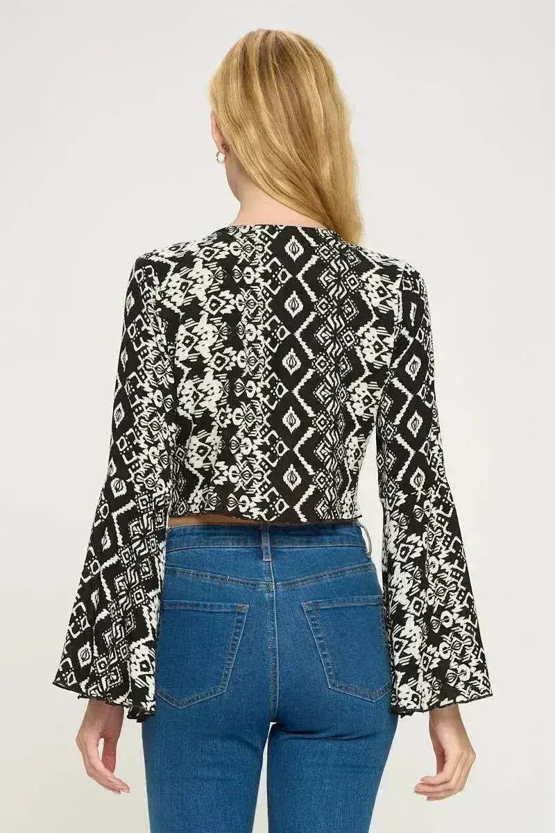 Boho Bell-Sleeve Crop Top | Floral Tie-Front | Sizes S-XL | Femstylo