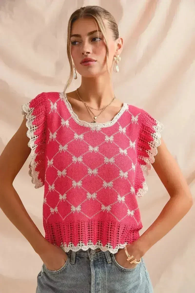 SO ME Bow Ribbon Pattern Sweater Top with Back Key Hole