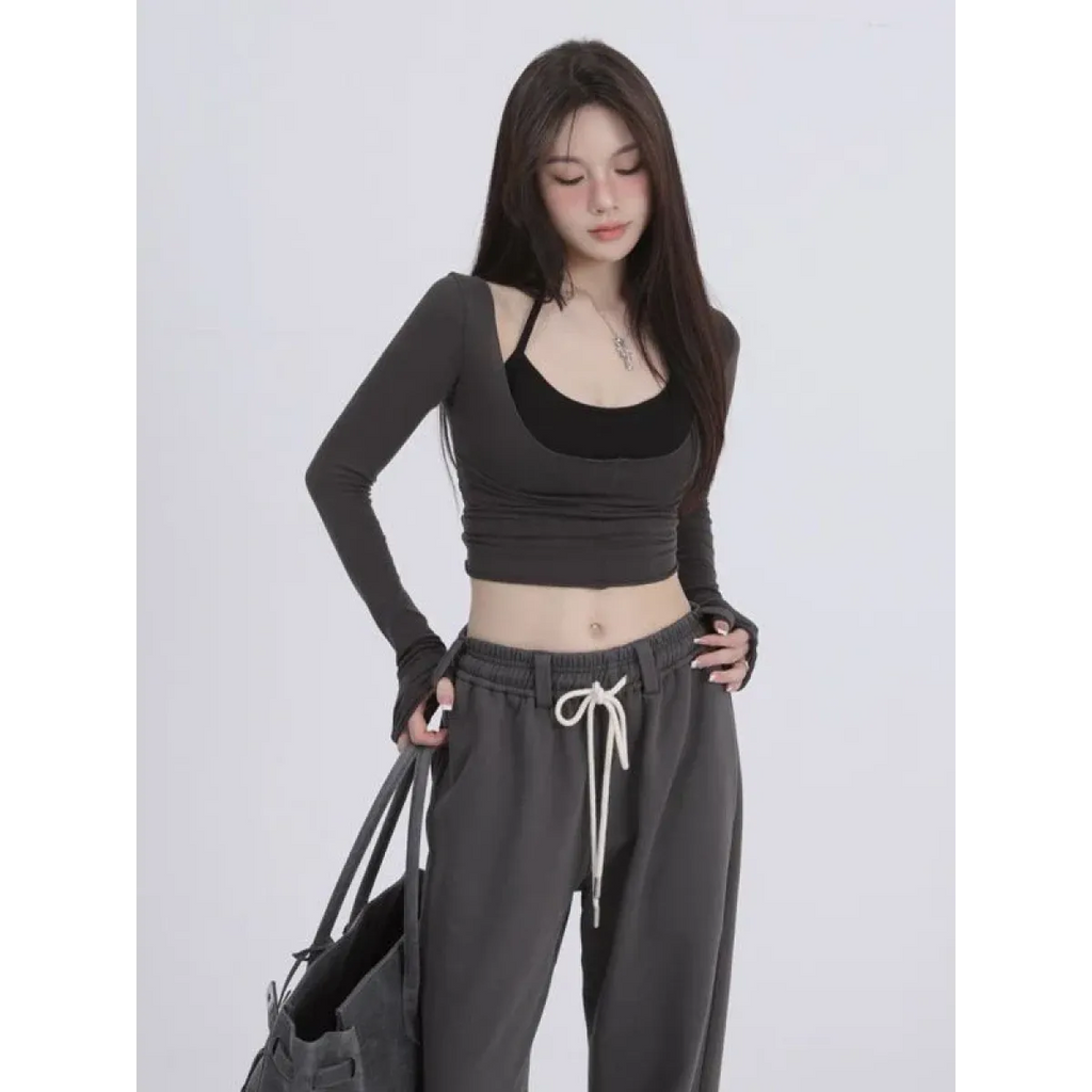 Aesthetic Halter Two-Piece Set - Harajuku Long Sleeve Tee