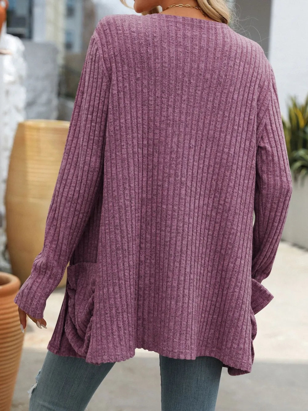 Autumn and winter new solid color pit stripe brushed pocket cardigan long sleeved jacket for women