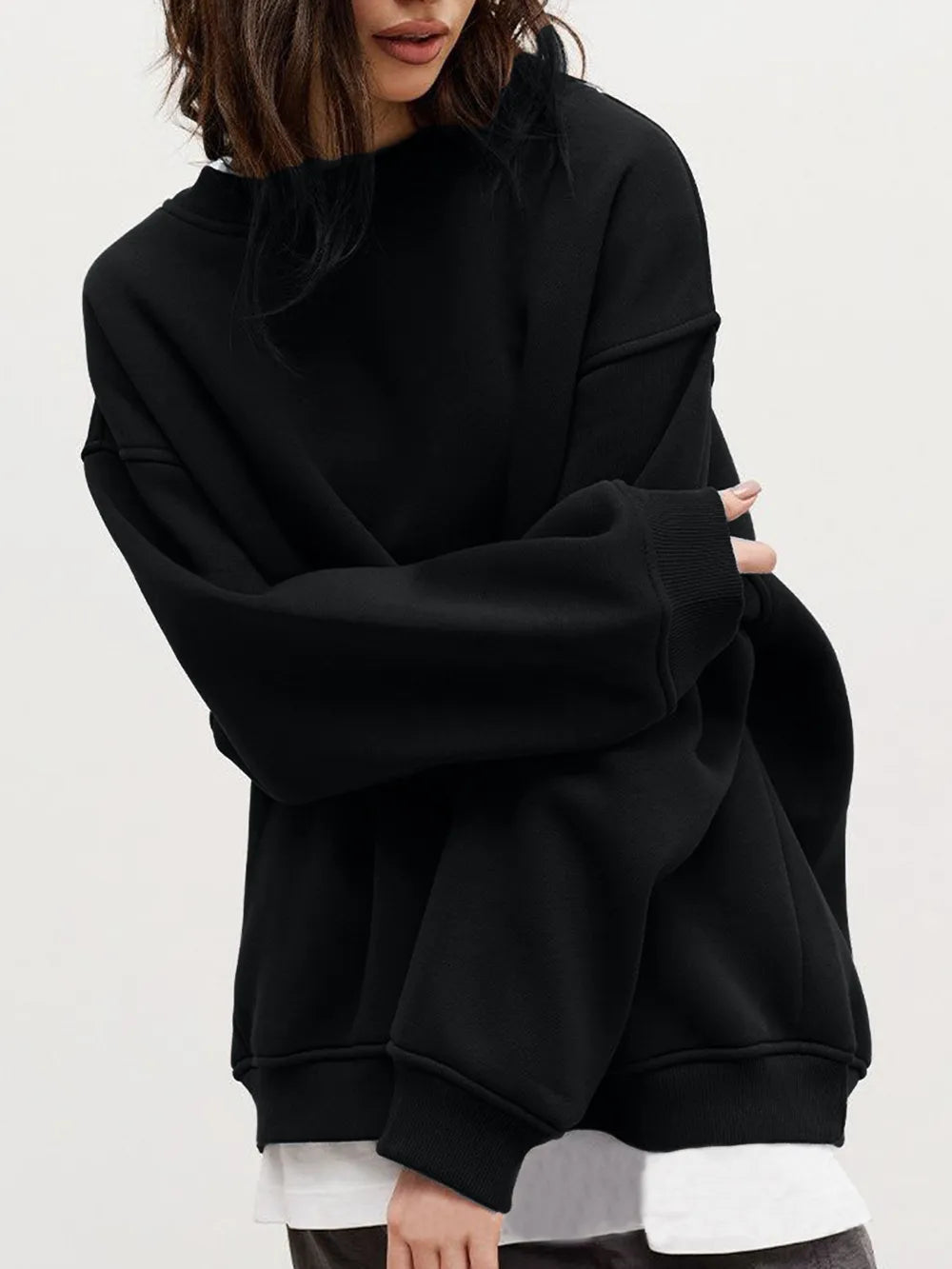 Autumn and winter new solid color round neck loose pullover sweatshirt long sleeved fleece sweater for women