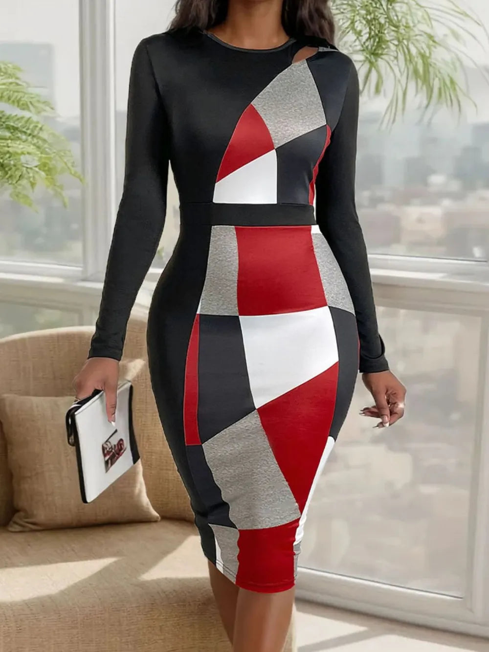 Autumn slimming temperament commuting geometric figure high waisted long skirt