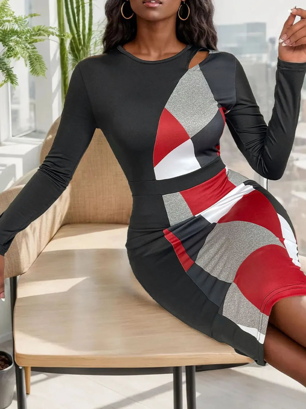Autumn slimming temperament commuting geometric figure high waisted long skirt