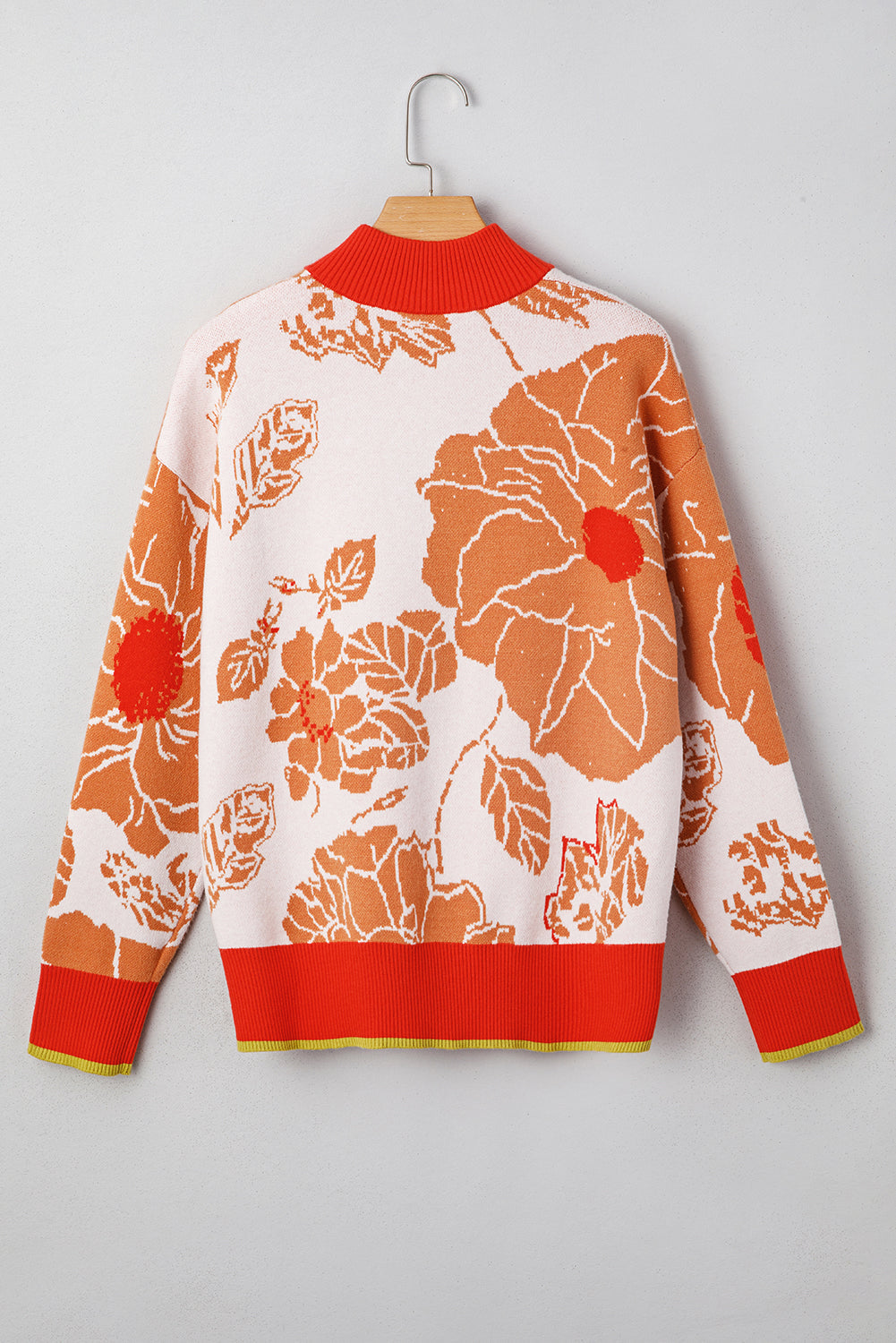 Khaki Ribbed Detail Floral Pattern Zip Collar Pullover Sweater