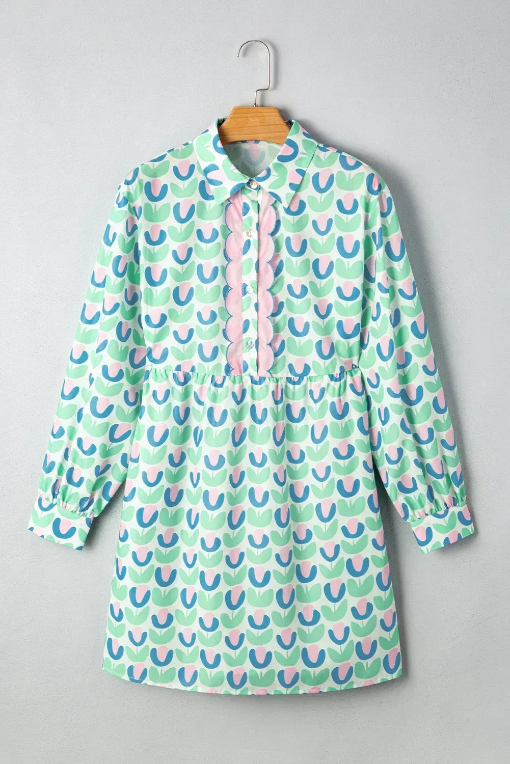 Green Floral Print Scallop Trim Pocket Mini Dress
