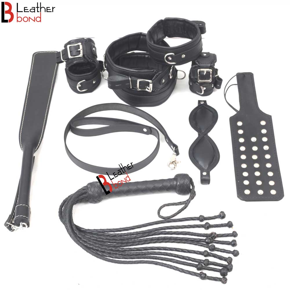 Bad Boy Hard BDSM Bondage Kit Wrist, Ankle & Thigh Cuffs, Collar, Paddles, Flogger, Blindfold & Leash | Black
