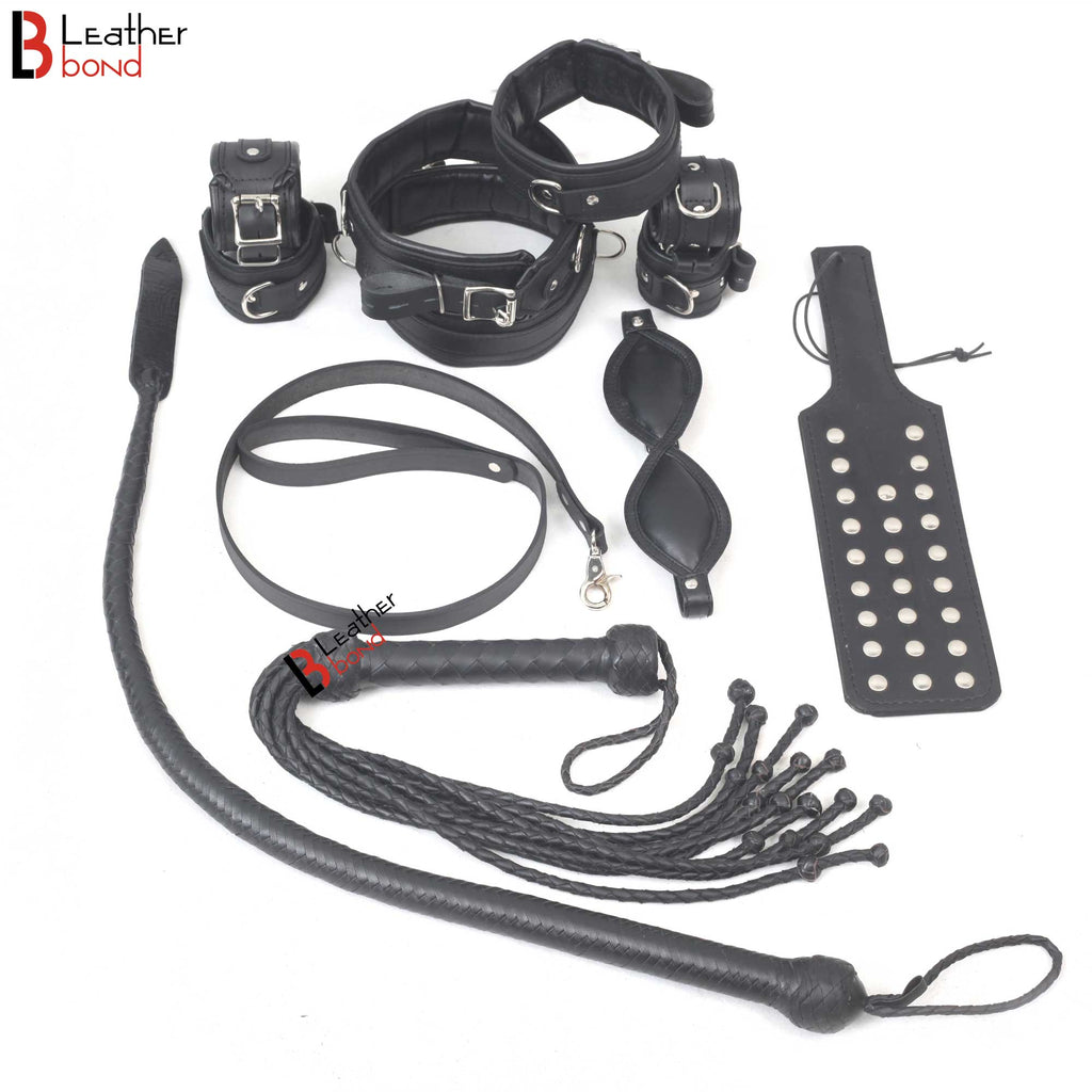 Bad Boy Hard Leather Bondage Kit Wrist, Ankle & Thigh Cuffs, Collar, Paddles, Flogger, Blindfold & Leash | Black