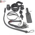 Bad Boy Hard Leather Bondage Kit Wrist, Ankle & Thigh Cuffs, Collar, Paddles, Flogger, Blindfold & Leash | Black