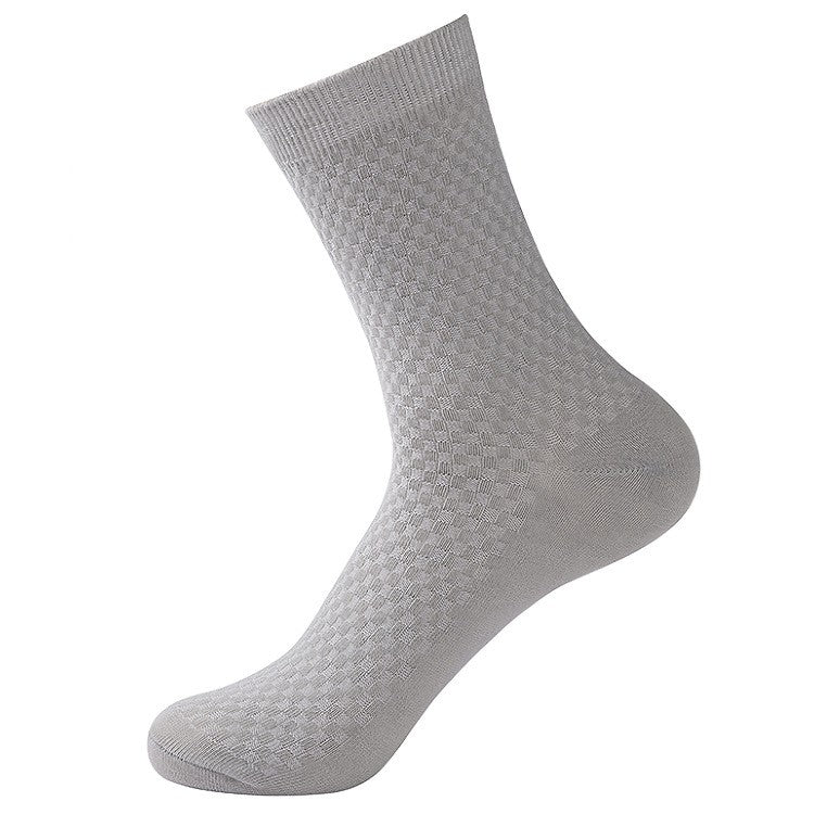 Bamboo fiber cotton socks mid tube men's socks double needle dark flower square grid socks