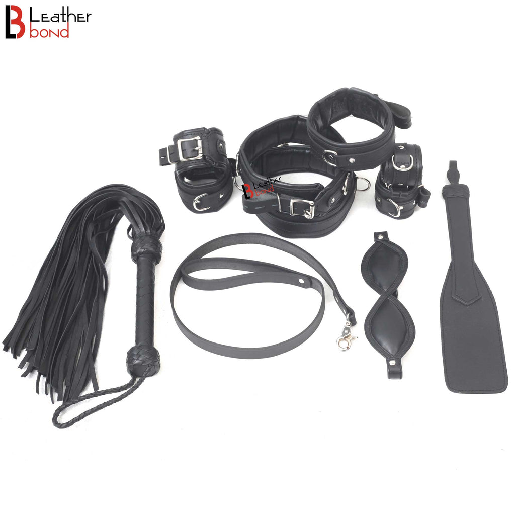 Beginner's Leather Bondage Kit Wrist, Ankle & Thigh Cuffs, Collar, Flogger, Paddle, Blindfold & Leash | Black