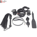 Beginner's Leather Bondage Kit Wrist, Ankle & Thigh Cuffs, Collar, Flogger, Paddle, Blindfold & Leash | Black