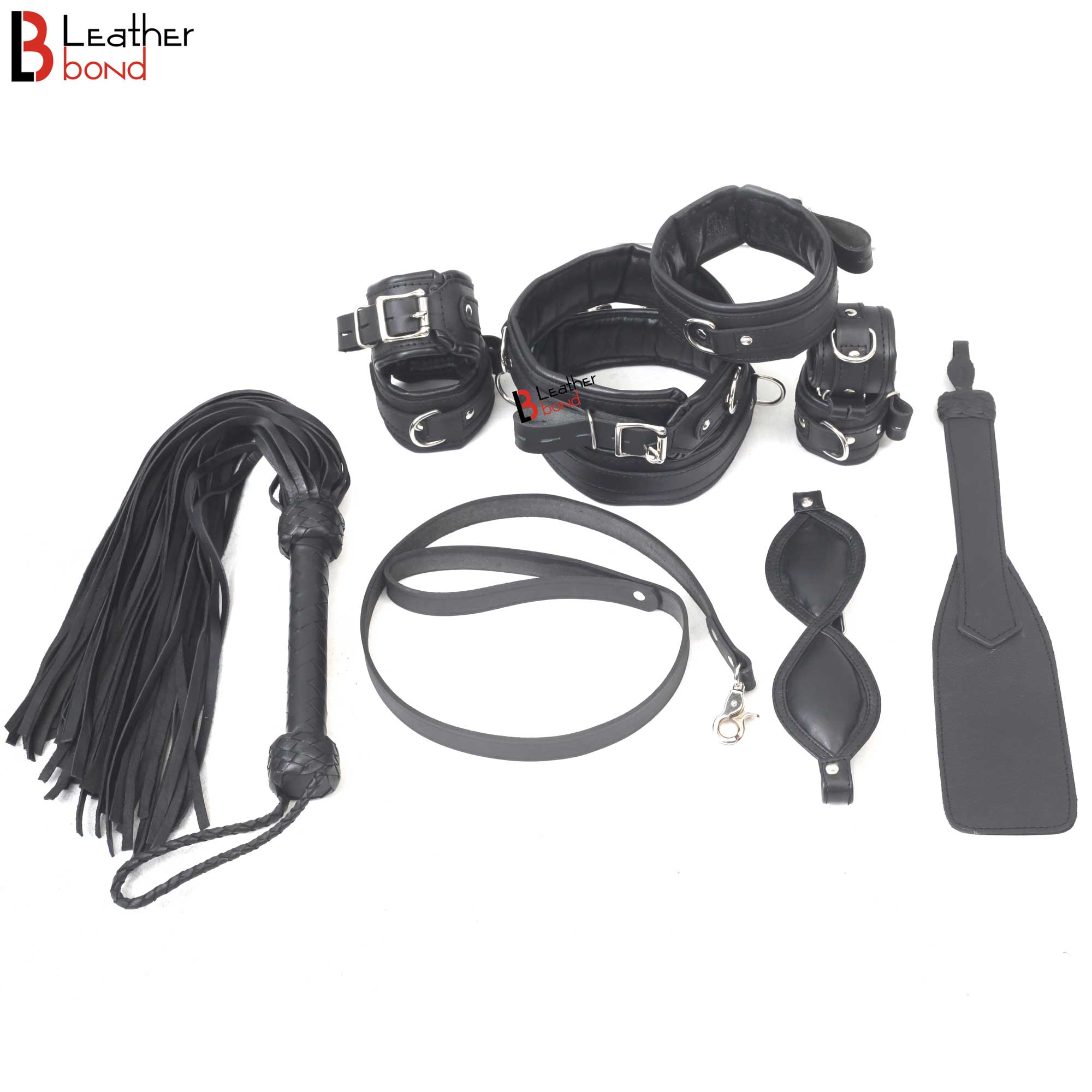 Beginner's Leather Bondage Kit Wrist, Ankle & Thigh Cuffs, Collar, Flogger, Paddle, Blindfold & Leash | Black