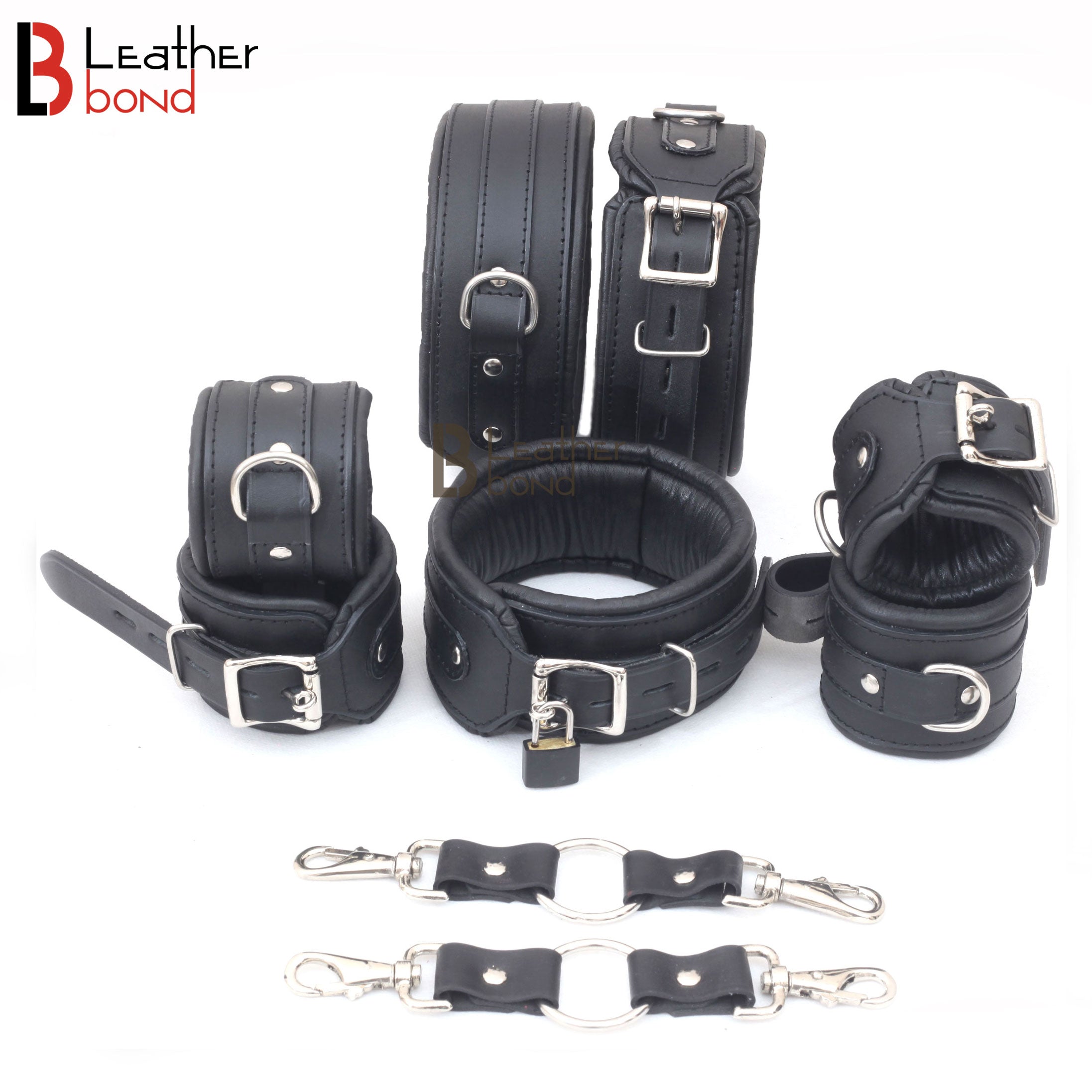 Bad Boy Hard BDSM Bondage Kit Wrist, Ankle & Thigh Cuffs, Collar, Paddles, Flogger, Blindfold & Leash | Black