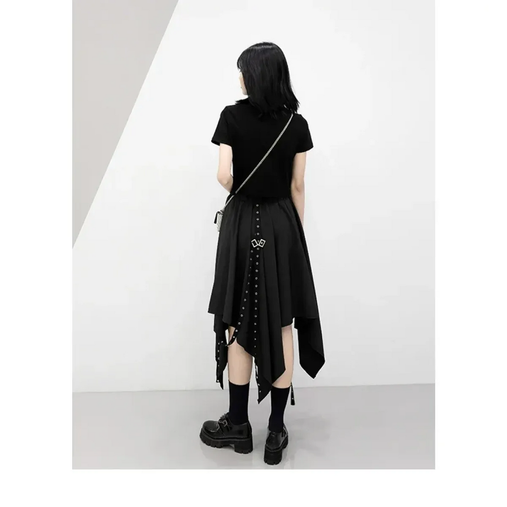 Black Irregular Hem Gothic Punk Skirt – Buckle Straps & Studded Details