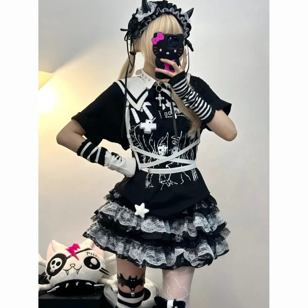 Y2K Punk Lace Mini Skirt – Gothic Layered A-Line Skirt
