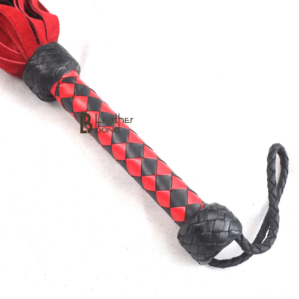 Real Cowhide Suede Leather Flogger 50 Rounded Loop Falls Red and Black Thuddy Whip | BDSM Impact