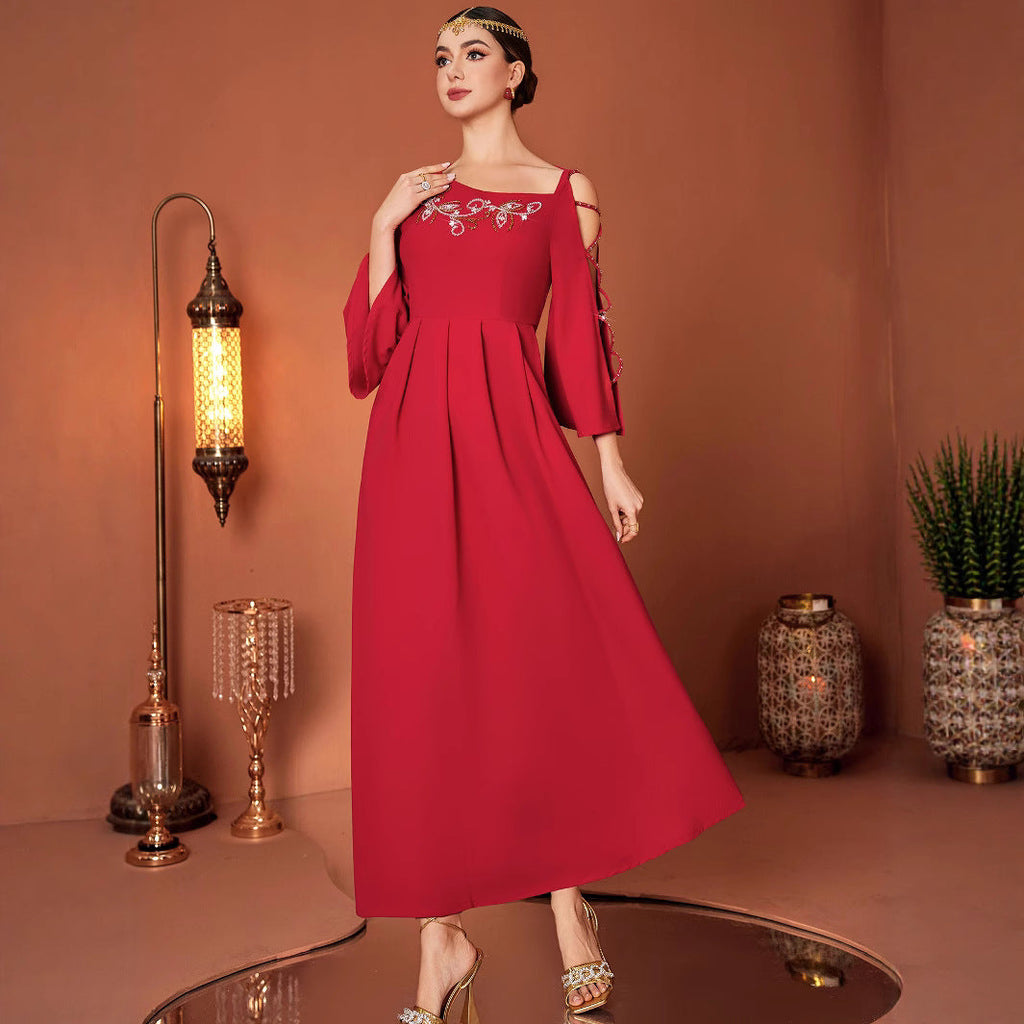 Red Designer Model Heavy Industry Hand Sewing Drill Off-the-shoulder Dress