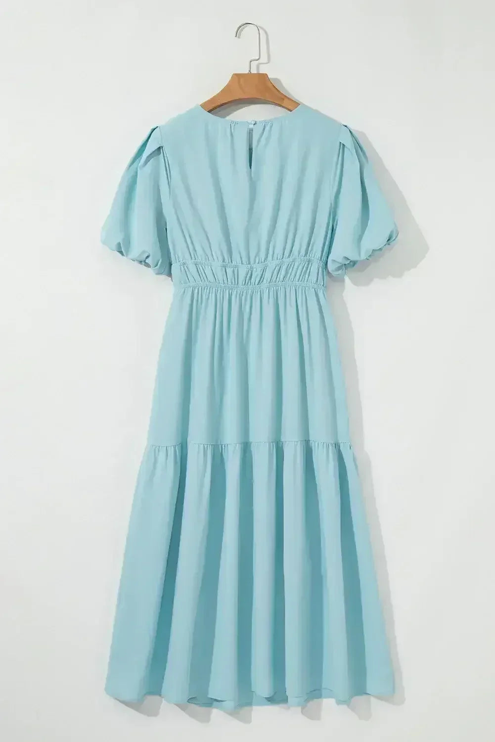 Light Blue Puff Sleeve High Waist Flowy Midi Dress