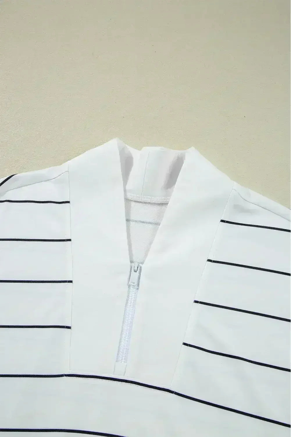 White Striped Zipper V-Neck Drop Sleeve Top
