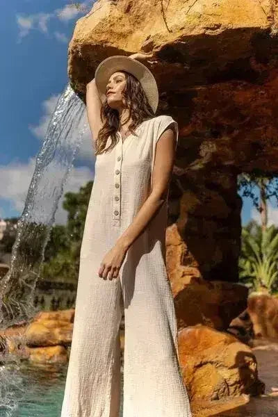 Annie Wear Wide Leg Jumpsuit with Button Detail and Pockets