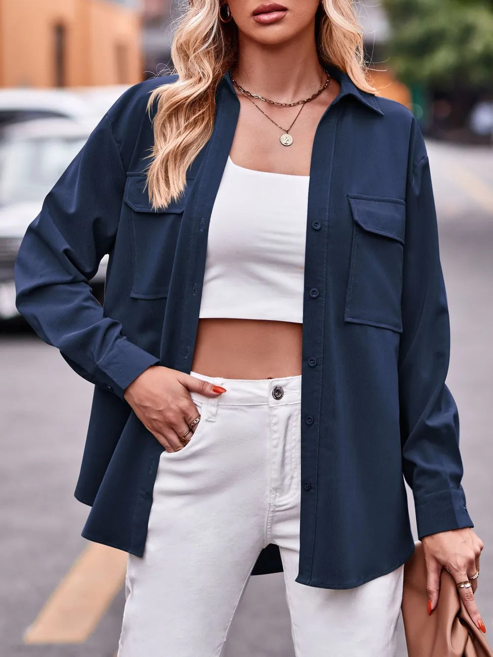 Casual and fashionable double pocket loose long sleeved solid color shirt