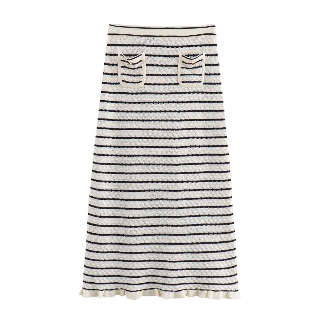 Color blocking striped women's knitted sweater top+striped hollow knitted skirt set for women
