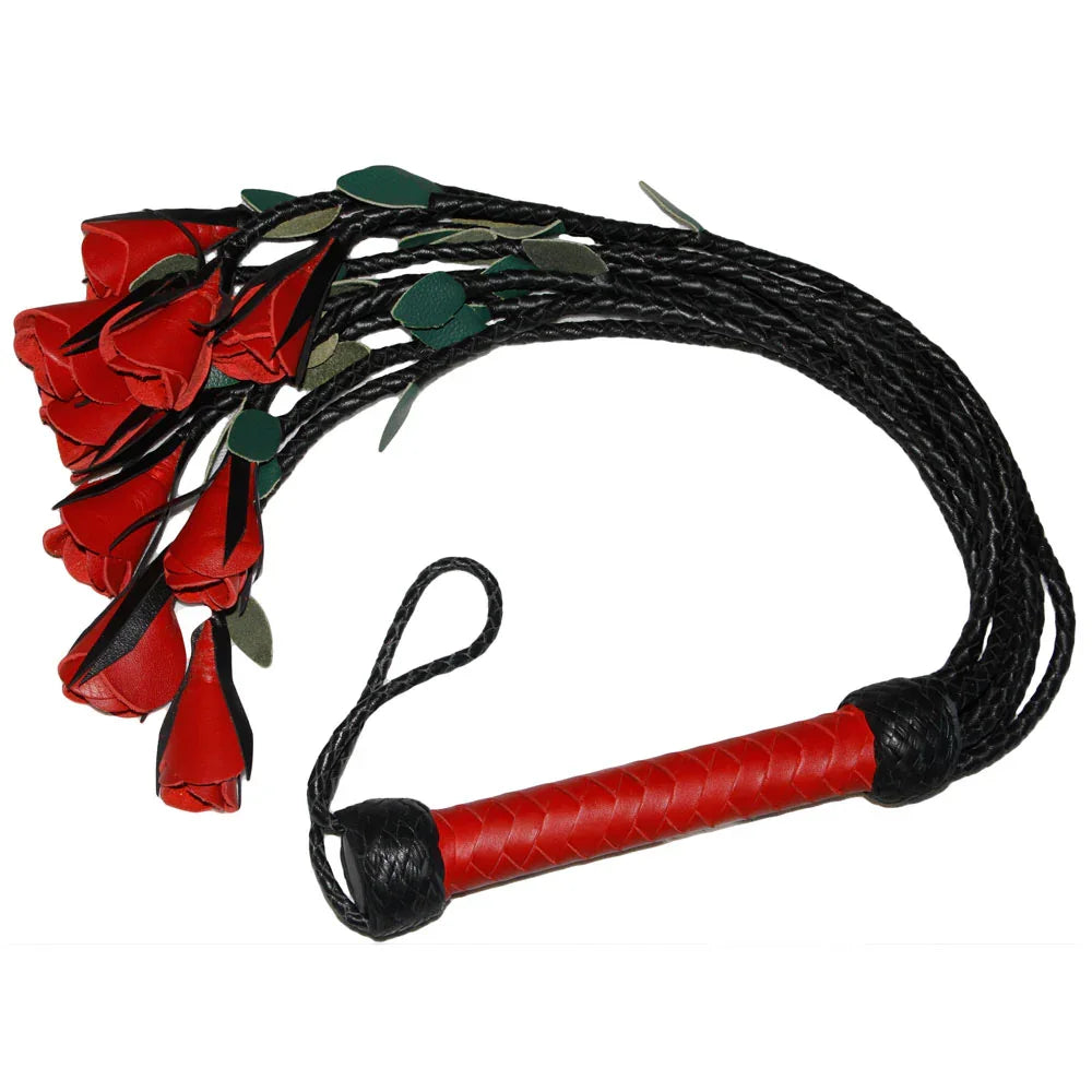 Real Cowhide Leather Cat-o-Nine Tails Flogger 9 Braided Red Rose Falls | Heavy Duty BDSM Whip
