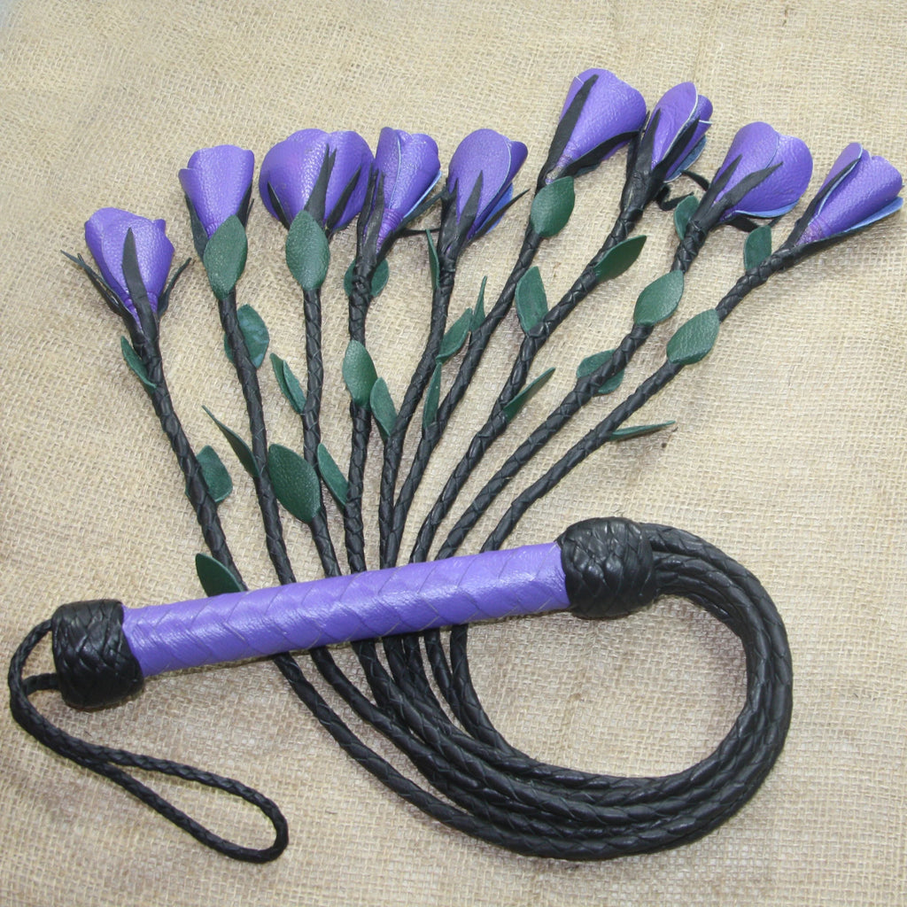 Leather Flogger 9 Braided Falls & Purple Roses Handcrafted BDSM Flogger by Leather Bond