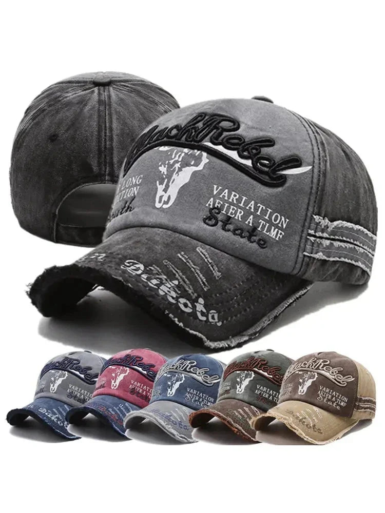 Cow Head Letter Embroidery Vintage Baseball Cap | Unisex Adjustable Washed Cotton Hat