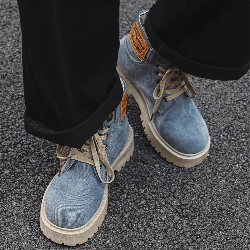 Cowboy boots new autumn thick soled Martin boots fashionable retro washed high top big toe shoes for men