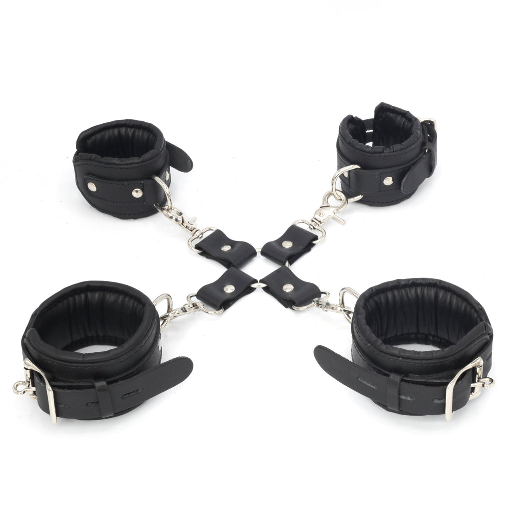 11-Piece Cowhide Leather Bondage Kit Collar, Ankle & Wrist Cuffs, Hogties, Leash & Connectors | Couples BDSM Set