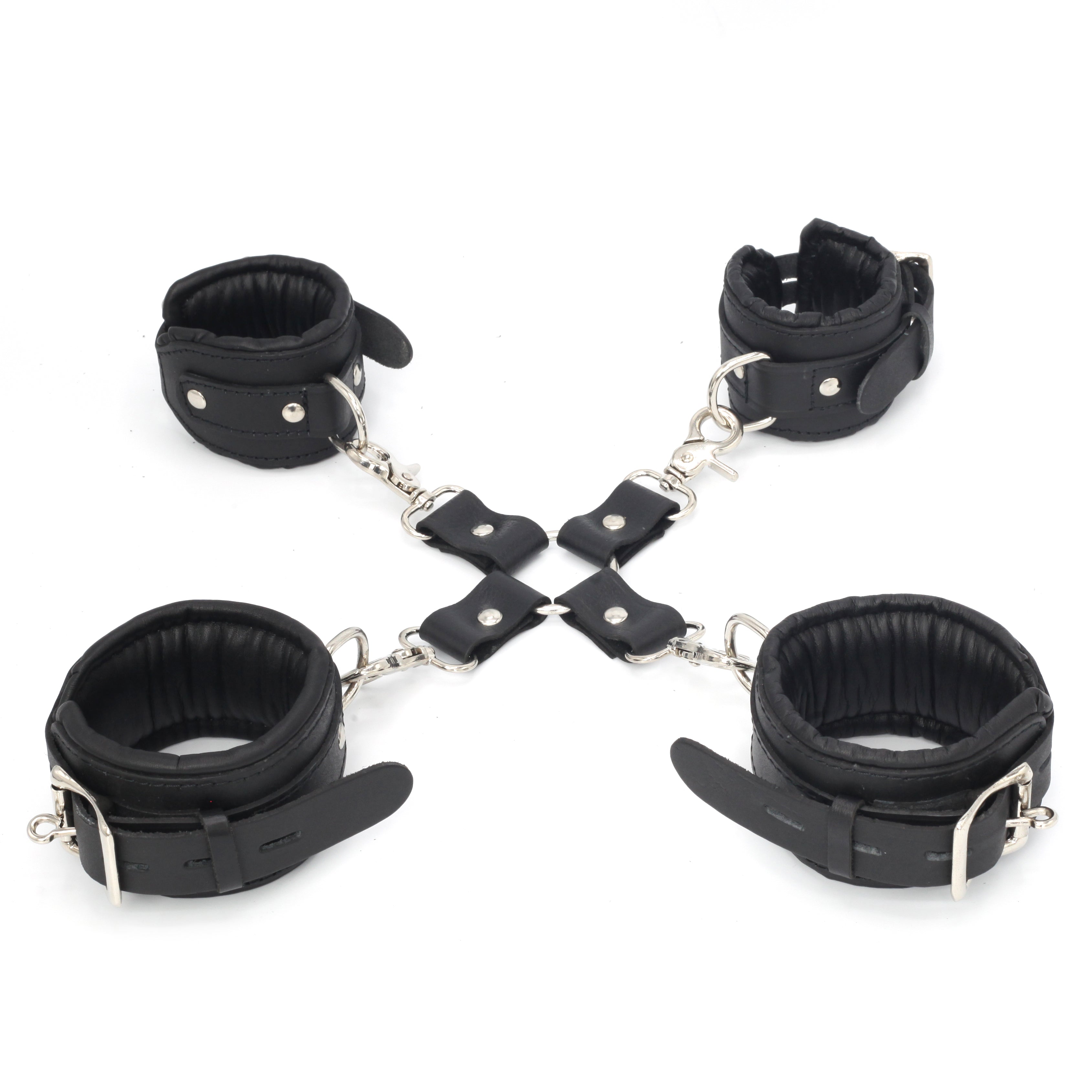 11-Piece Cowhide Leather Bondage Kit Collar, Ankle & Wrist Cuffs, Hogties, Leash & Connectors | Couples BDSM Set