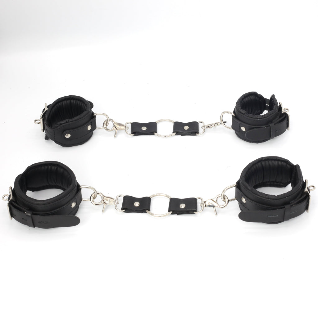 11-Piece Cowhide Leather Bondage Kit Collar, Ankle & Wrist Cuffs, Hogties, Leash & Connectors | Couples BDSM Set