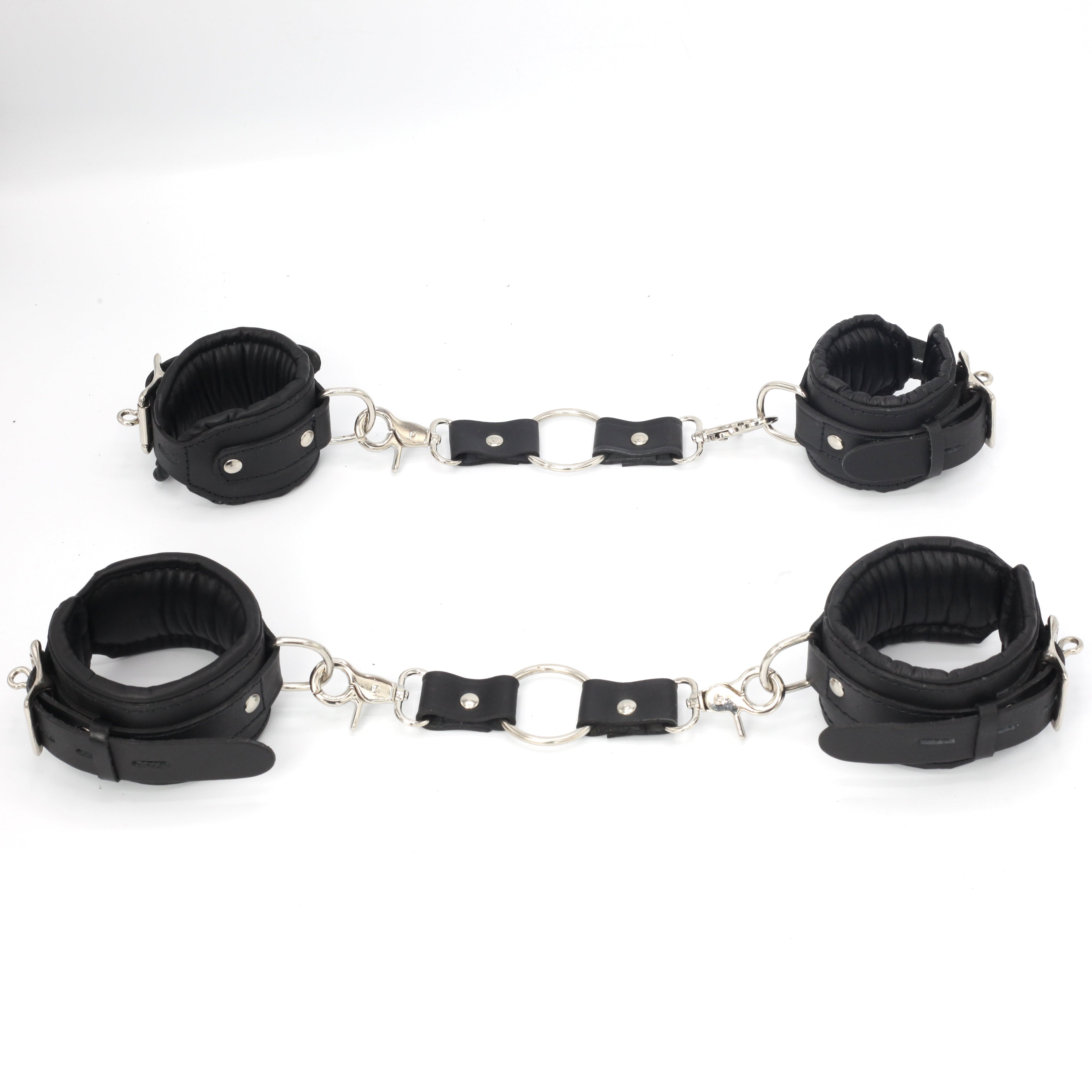 11-Piece Cowhide Leather Bondage Kit Collar, Ankle & Wrist Cuffs, Hogties, Leash & Connectors | Couples BDSM Set