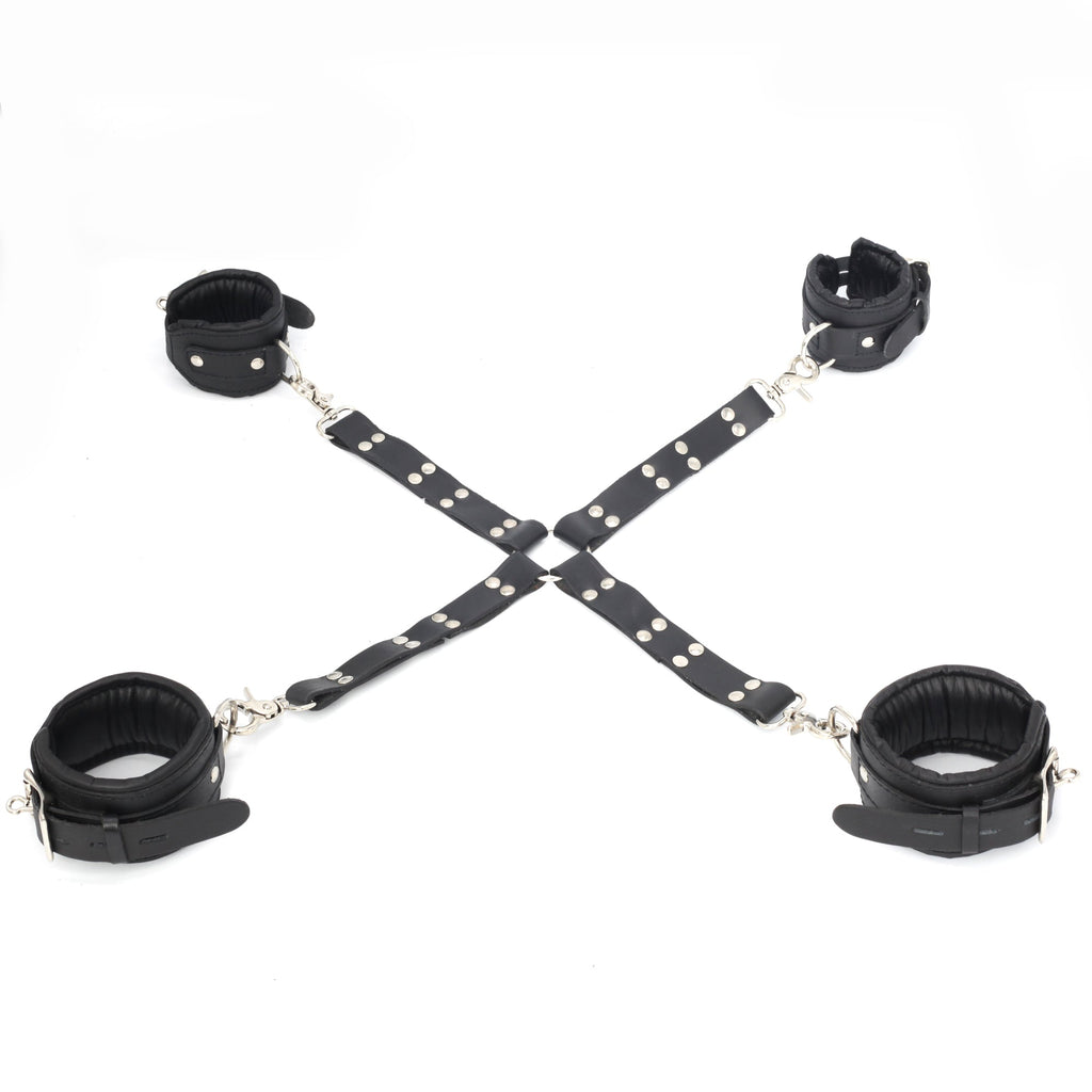 11-Piece Cowhide Leather Bondage Kit Collar, Ankle & Wrist Cuffs, Hogties, Leash & Connectors | Couples BDSM Set