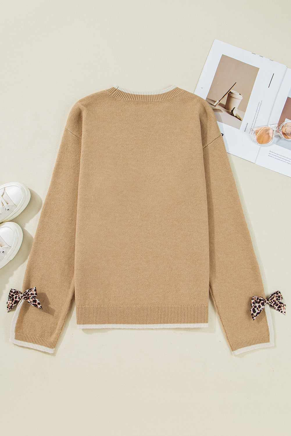 Tan Leopard Print Bow Decor Split Cuff Sweater - Femstylo