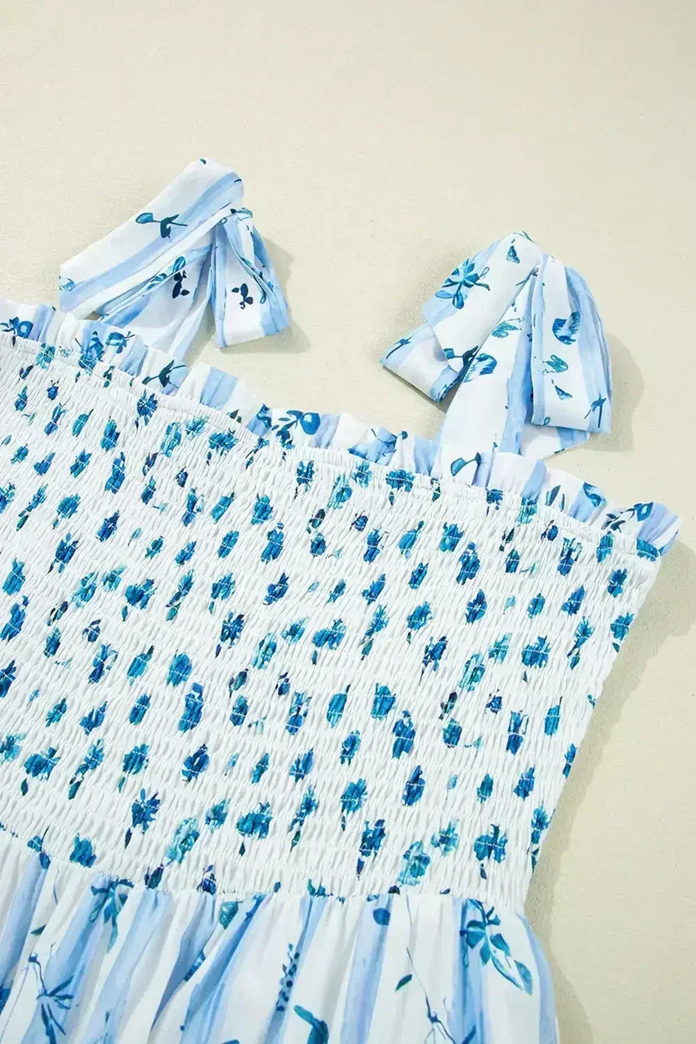 Sky Blue Floral Smocked A-Line Tie Straps Maxi Dress