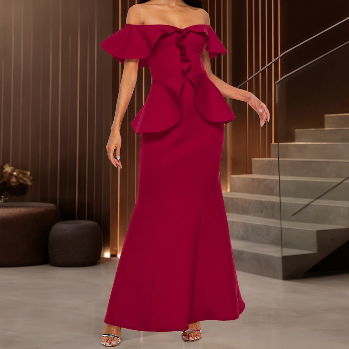 Strapless Ruffled Off-the-shoulder Dress Fishtail Dress
