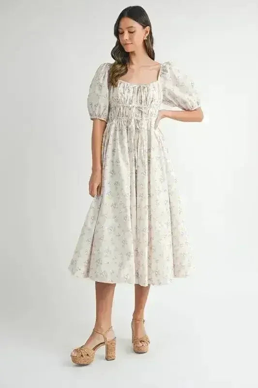 MABLE Floral Drawstring Detail Puff Sleeve Midi Dress