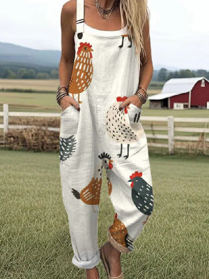 Women's Summer Digital Printing Button Casual Suspender Trousers