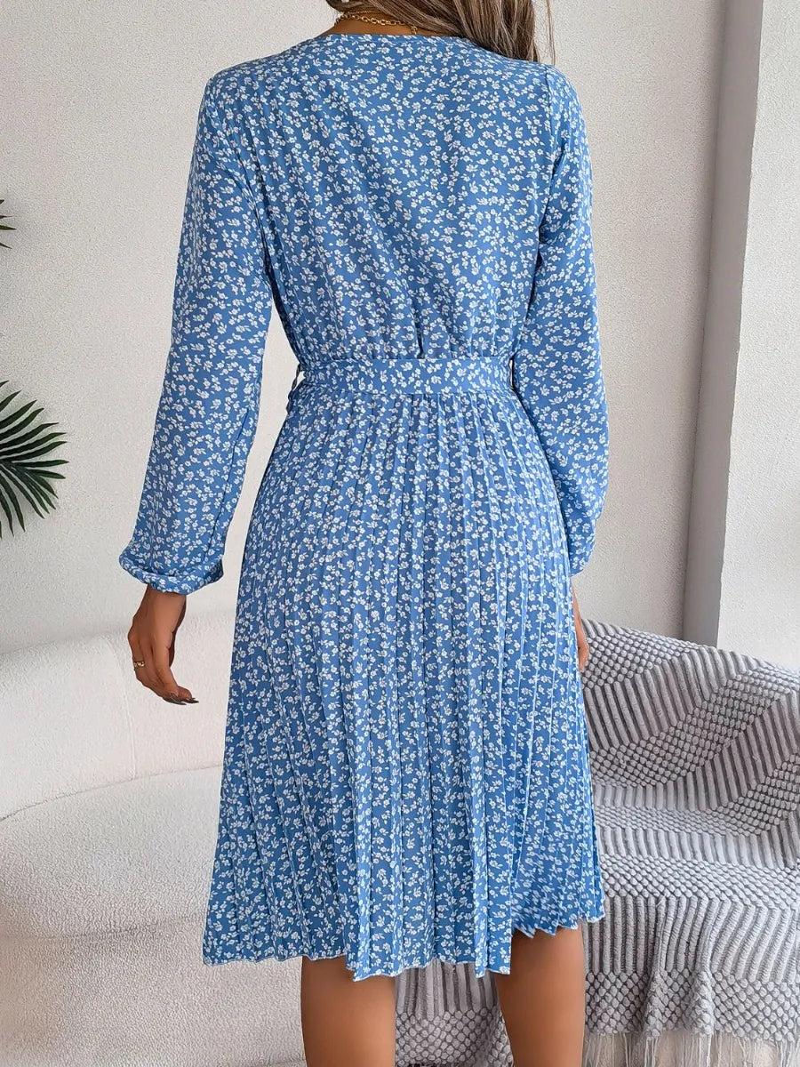 Ditsy Floral Tie Waist Pleated Dress