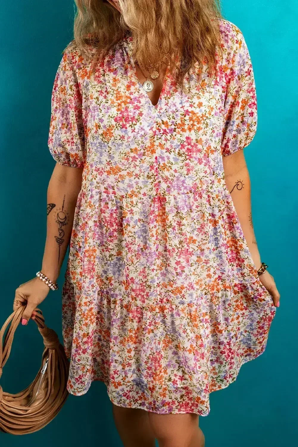 Red Floral Print Notched V Neck Puff Sleeve Tiered Mini Dress