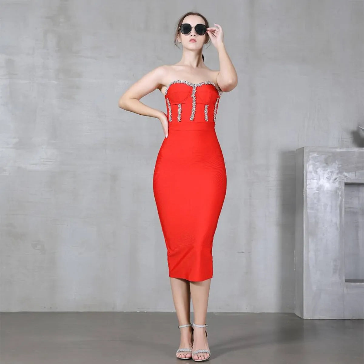 Elegant Beading Party Midi Dress