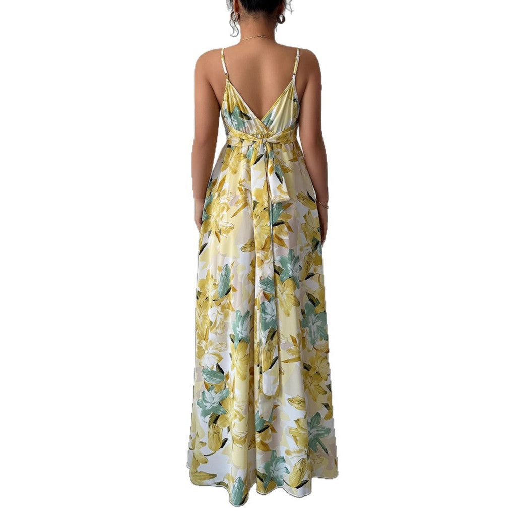 Elegant style suspender printed long skirt dress