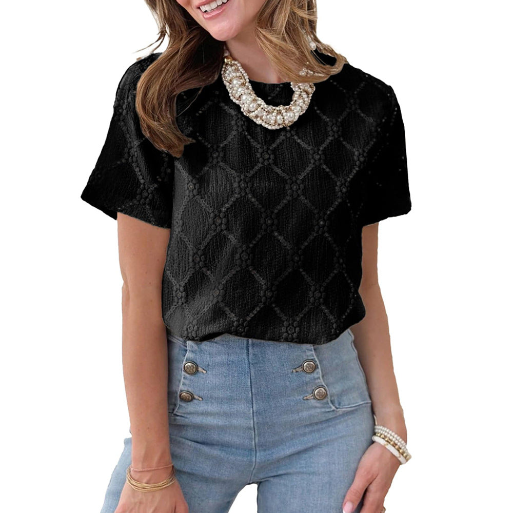 European and American round neck short sleeved imitation embroidery flower jacquard top T-shirt for women