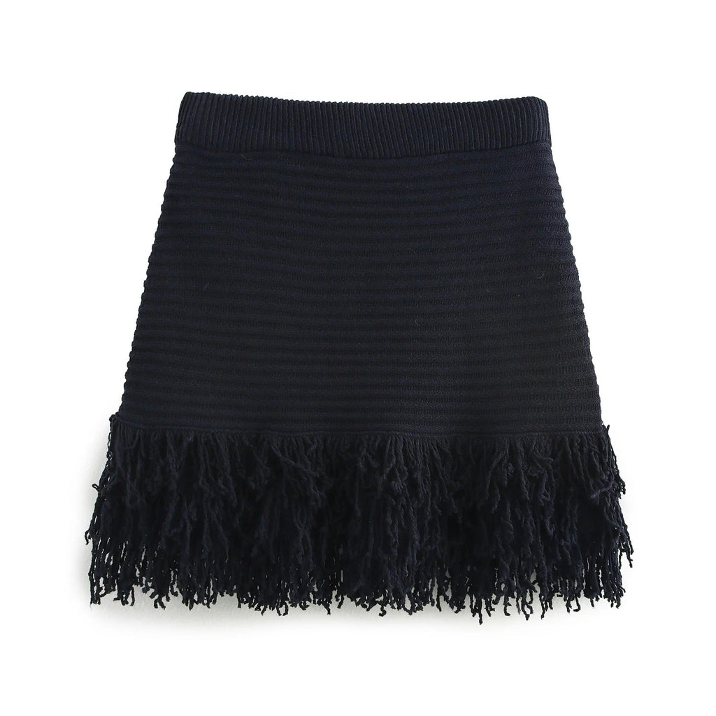 European and American women's fashion versatile tassel knit sweater+skirt set