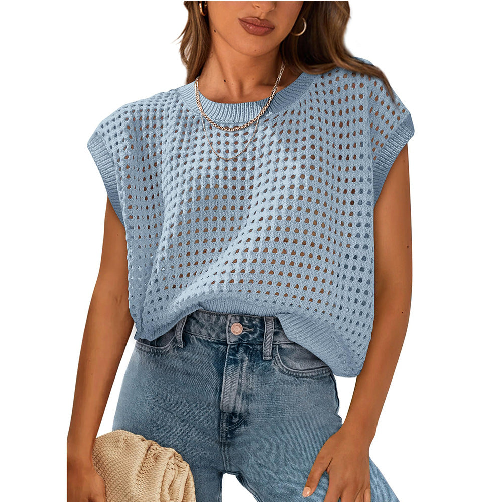 European and American women's round neck hollow top